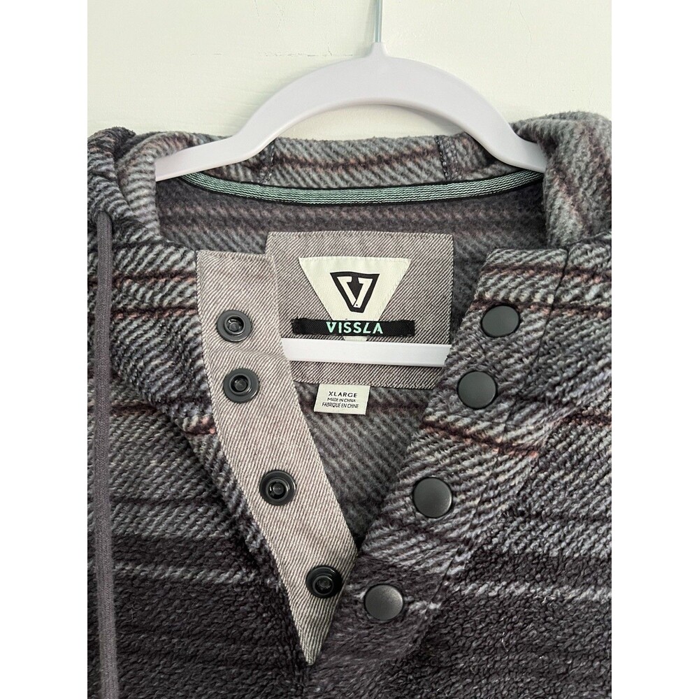 Vissla Eco-Zy Polar Fleece Hoodie Mens XL Gray Striped 3 Snap Pullover